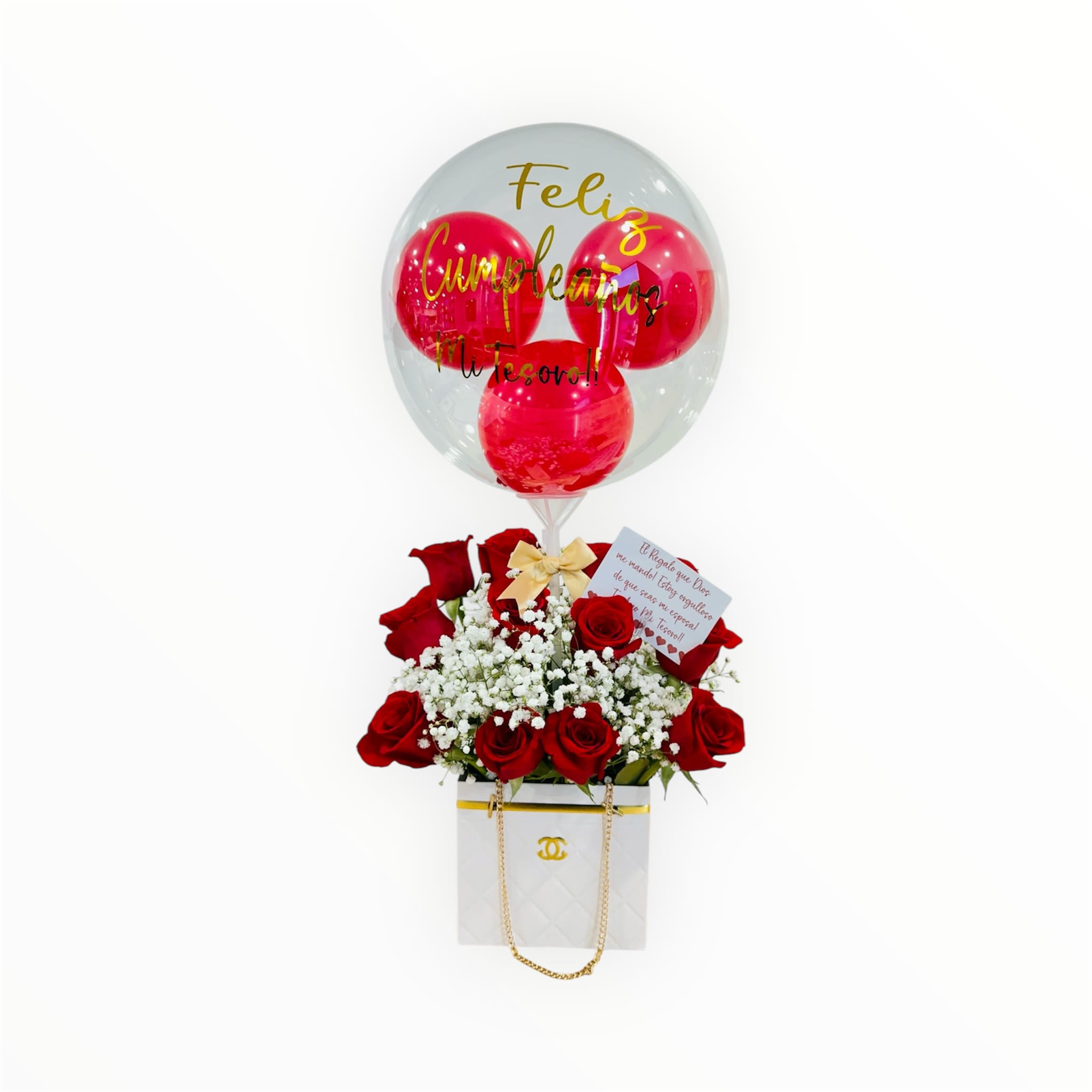 Love in a Box Love in a Box - A delightful arrangement of 12 red roses, babybreath and a festive ballon with a celebratory message.