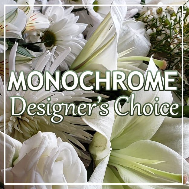 Monochrome - Designer's Choice Monochrome - Designer's Choice - Let us create a unique design using a monochrome scheme of the freshest flowers that will be sure to wow whomever receives it. Available in 3 sizes to fit any budget.