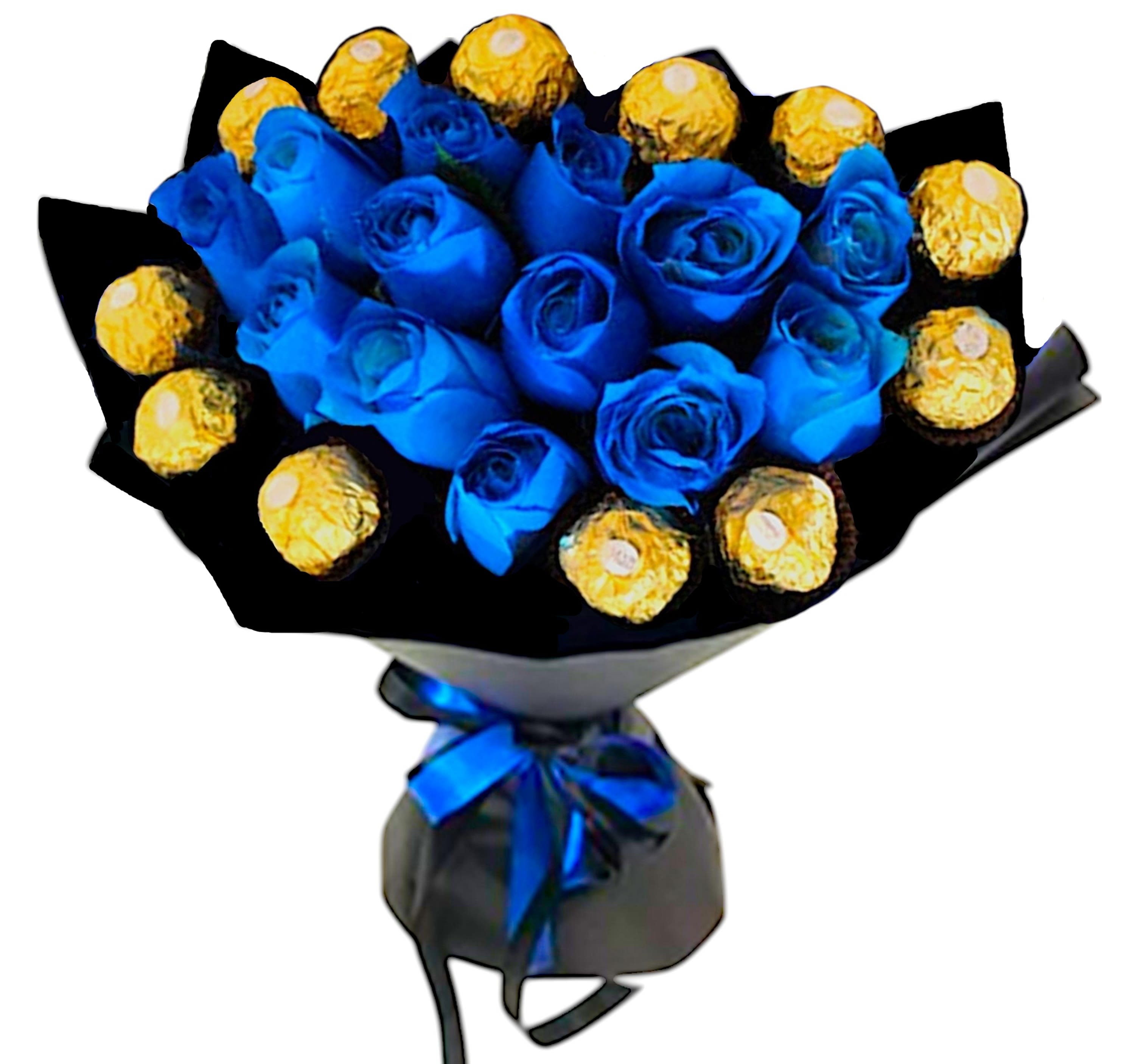 Blue Roses Bouquet With Ferrero Chocolates - Surprise them with a beautiful bouquet of perfectly blue roses. They'll be dazzled by this classic gift - and impressed by your impeccable taste.  DETAILS A bouquet of blue beautiful roses with Ferrero Chocolates, wrapped in black paper.   VASE NOT INCLUDED Orientation: All-Around Item #NF-515  FLORIST-TO-DOOR Same day flower delivery on most orders placed online by 12 pm or 10 am on weekends PST.  BLOOM DETAILS Roses  The Standard Bouquet (Shown)13 Roses &amp; 12 chocolates The Deluxe Bouquet 18 Roses &amp; 16 chocolates The Premium Bouquet 21 Roses &amp; 20 chocolates  How to place an order?  1. You can place an order directly on this secure website. 2. You can call in your order by dialing: (323) 262 - 9238 3. You can visit our store (appointment recommended 323.262.9238)  NINFA'S FLOWERS 2405 WHITTIER BLVD. LOS ANGELES, CA. 90023  ATTENTION: *Please note that on busy holidays, Valentine's Day, and Mother's Day, we cannot verify if the recipient received the flowers until the following day. You can verify delivery on the website after 10:00 pm, call 323.262.9238 the following day after 10:00 am, or contact the recipient directly. Thank you for your patience and understanding.