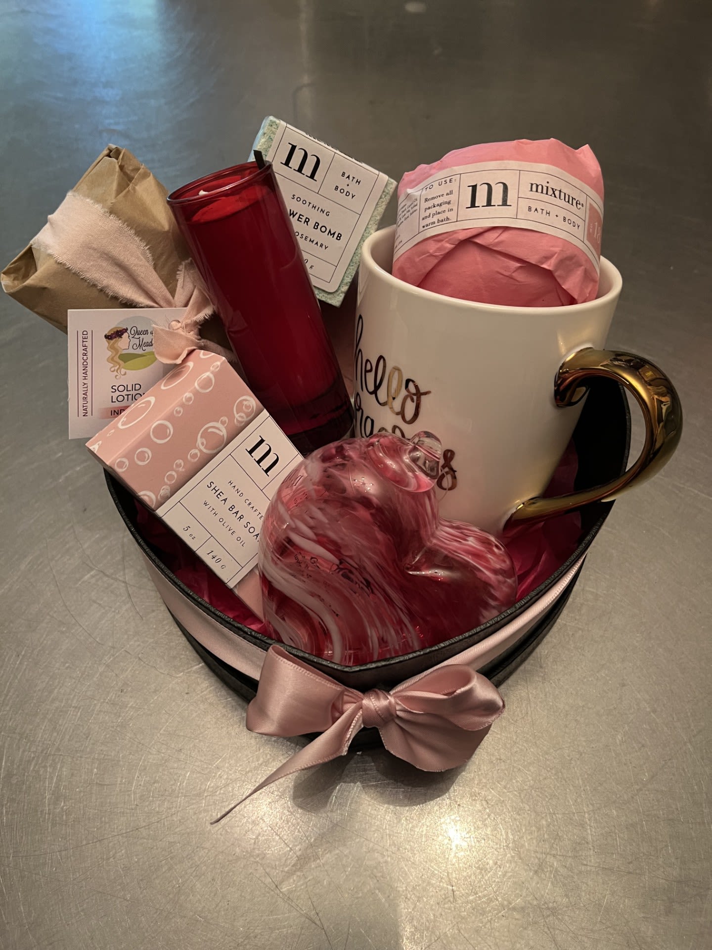 Care Heart Package Care Heart Package - Heart Shaped box filled with Coffee Cup, Bath Bomb, Shower Bombs, Hand Soap, Solid Lotion Bar with Hand Crafted Ceramic Dish and a candle