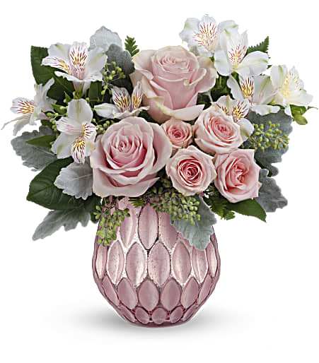 Teleflora's Pink Pastel Bouquet - Soft and sweet, this pastel pink rose bouquet gets the glam treatment from a frosted glass vase with sculpted design and sparkling, faux mercury glass finish.