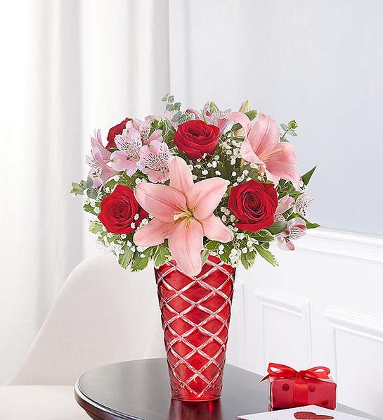 Key to My Heart - red vase with pink and red flowers