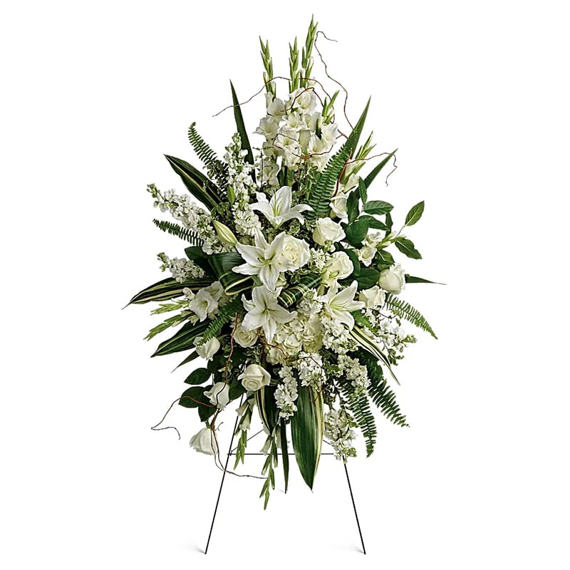 White Tribute Spray White Tribute Spray - All white and green standing spray piece.