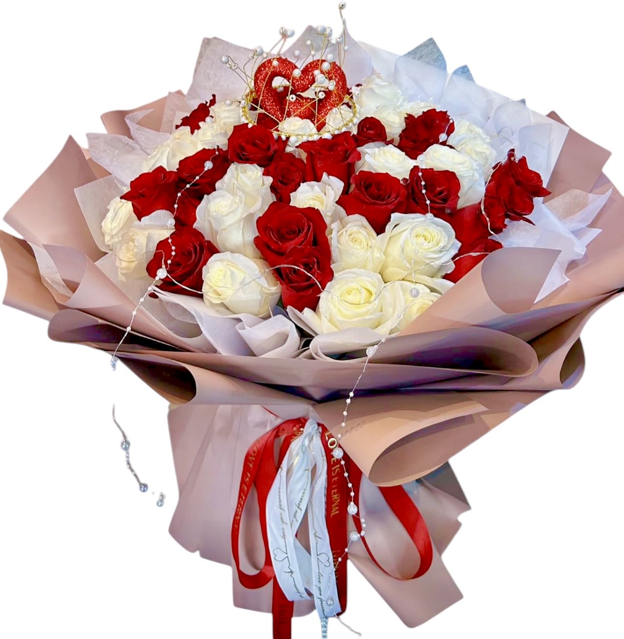 White and Red Rose White and Red Rose - This bouquet is 25 Stem Red Rose and 25 Stem White Rose Our flower have Fresh Floral Foam, no need vase no need add water ,floral foam can help extend the life of your fresh floral flowers . Don’t unwrap it .no need to add water .