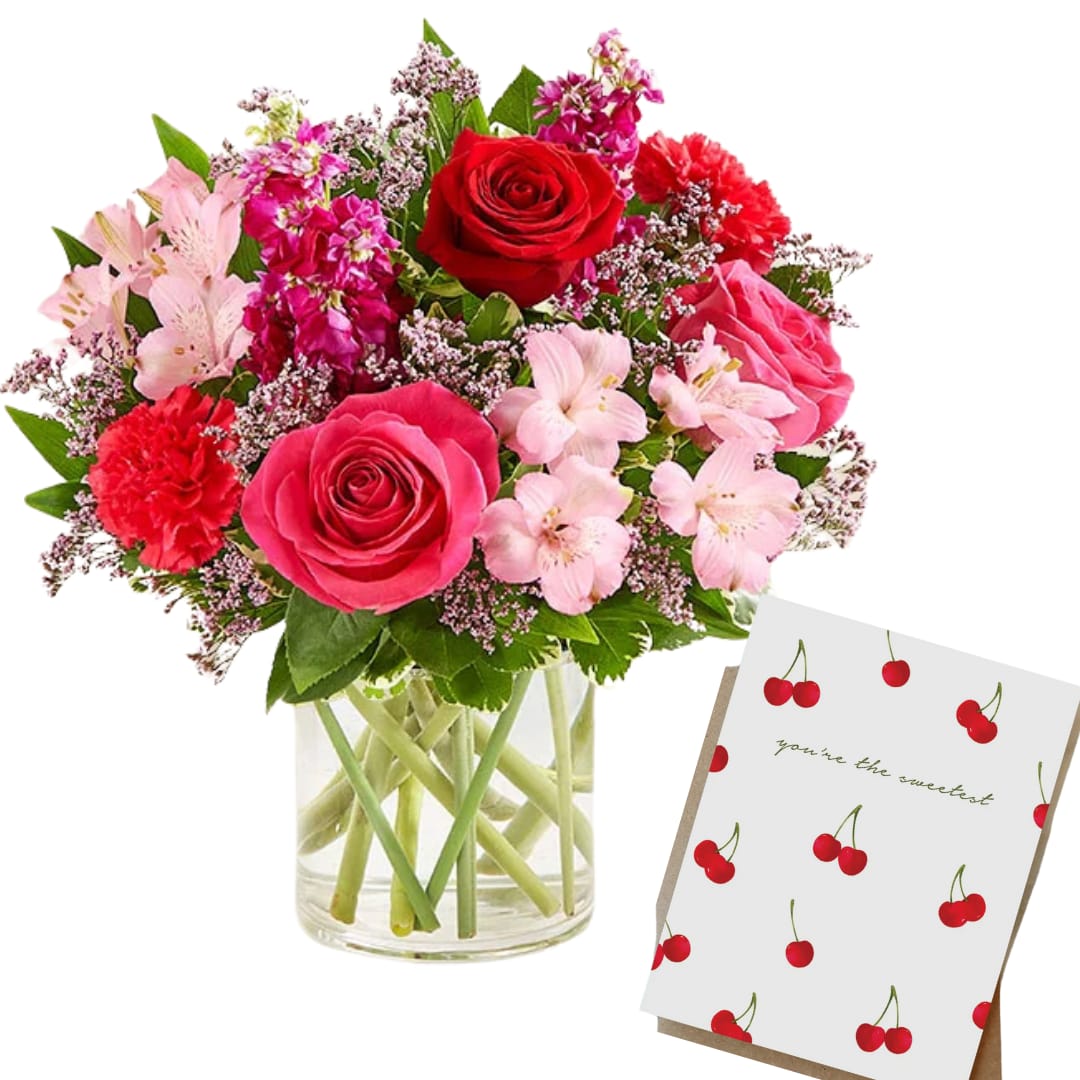 The Sweetest Card Bundle - Send a hand crafted, water colored, full sized card in addition to our signature Flirty &amp; Fuchsia arrangement! &quot;Flirty Fuchsia&quot; is the perfect gift for someone who enjoys a little whimsy and bold beauty, making it ideal for celebrations, romantic occasions, or just to brighten someone's day with a burst of color and personality.