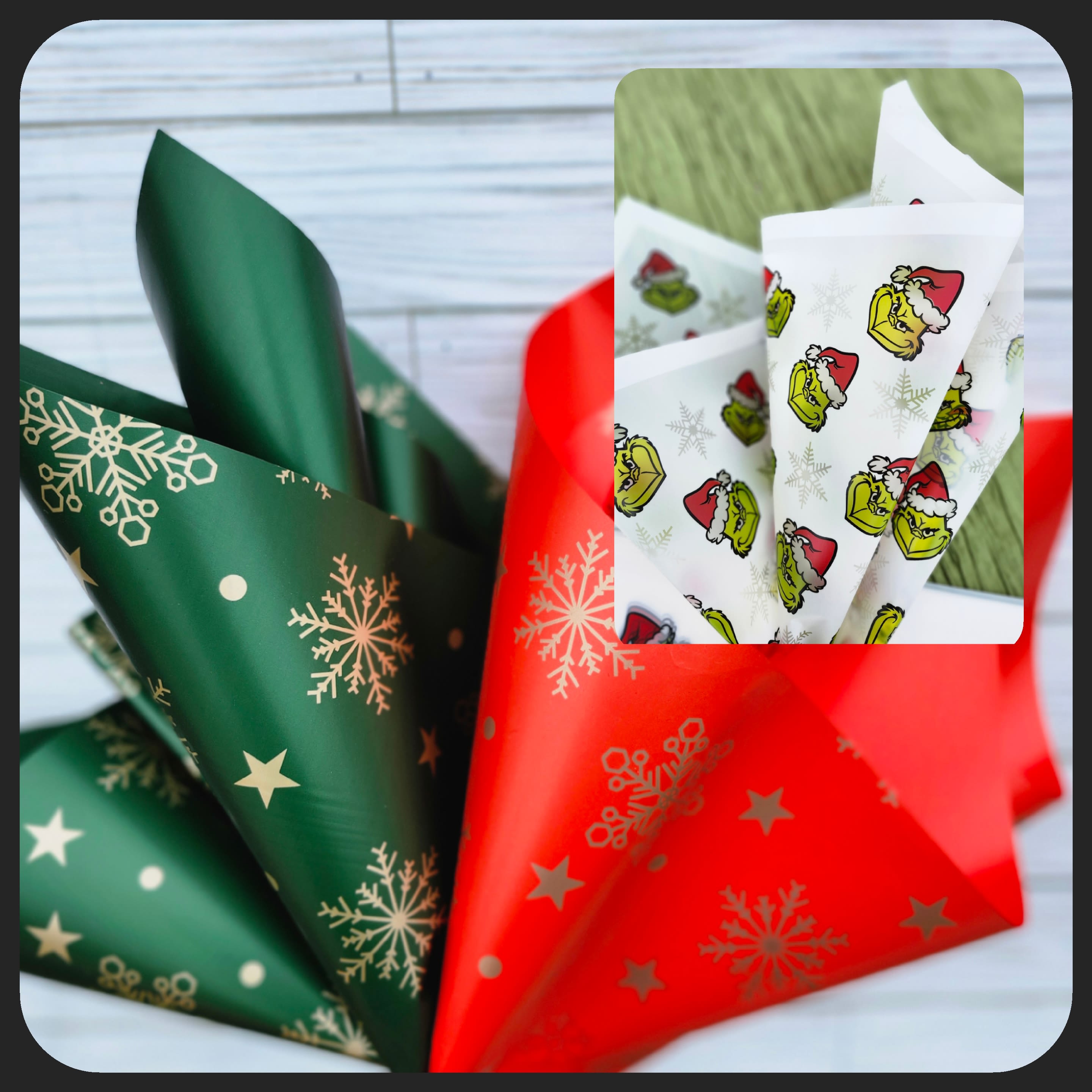 Christmas Designer's Choice Wrap Bouquet Christmas Designer's Choice Wrap Bouquet - Designer's Choice floral arrangement. Enjoy Xmas floral colors, Xmas greens. Please specify paper choice, Green/Red or Grinch.