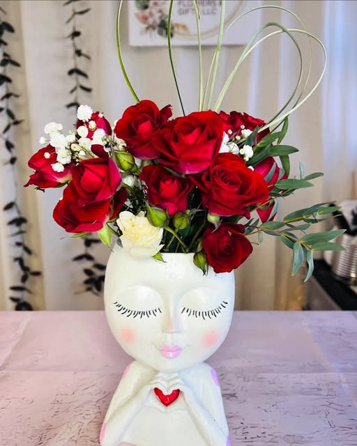 My heart is for you. - Beautiful container with a sweet face and fresh red roses for you.