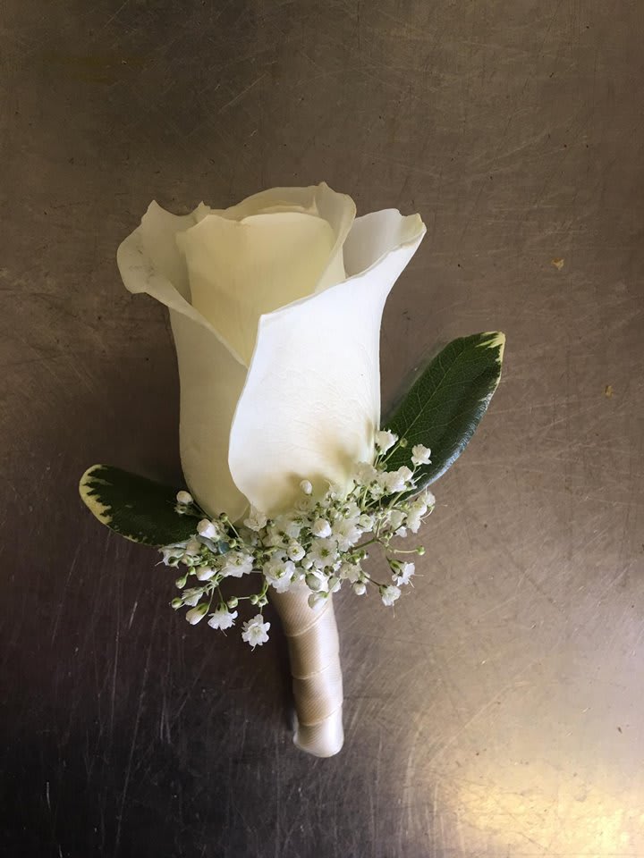 Classic Boutonniere Classic Boutonniere - Single Rose with baby's breath and greenery (request rose and ribbon color in special instructions)