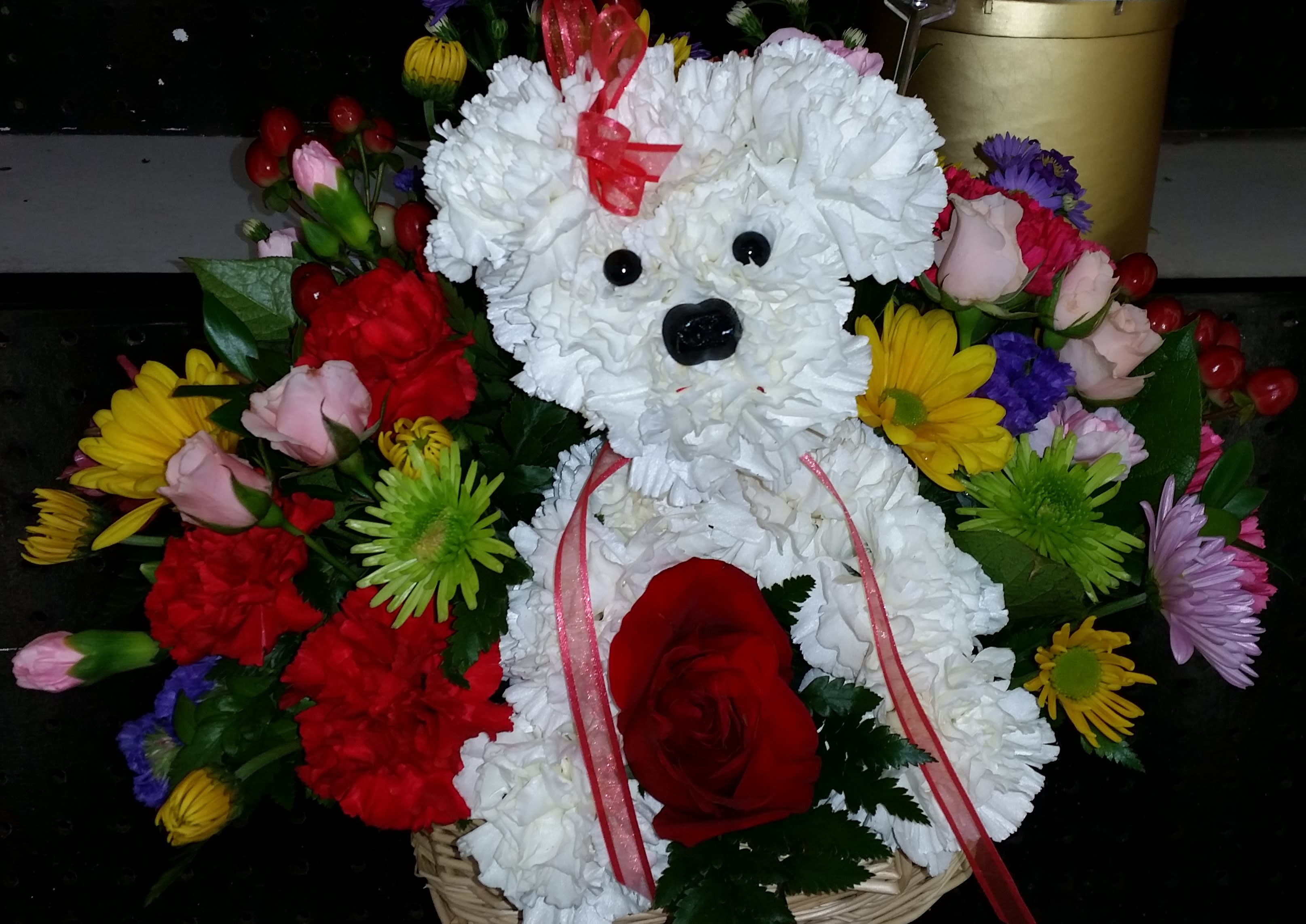 PUPPY LOVE - BEAUTIFUL AND LOVELY PUPPY WITH MIXED FLOWERS OR JUST RED ROSES