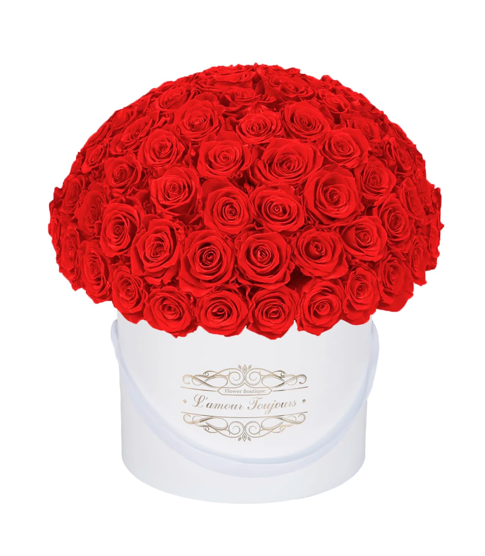 100 Red Everlasting Roses - White Signature Box - • Everlasting roses are preserved real roses that last up to 3 years! By treating fresh roses with a unique method these roses become long lasting and keep their natural beauty, structure and softness. • Make a statement with our exquisite Ecuadorian real roses that bring uniqueness and sophistication to life. • Send stunning roses to your loved ones, a wife, a husband, a parent or a friend to let them know you remembered their special day. • Zero maintenance required: Everlasting roses hold tenderness and a natural fresh look, with no maintenance required.