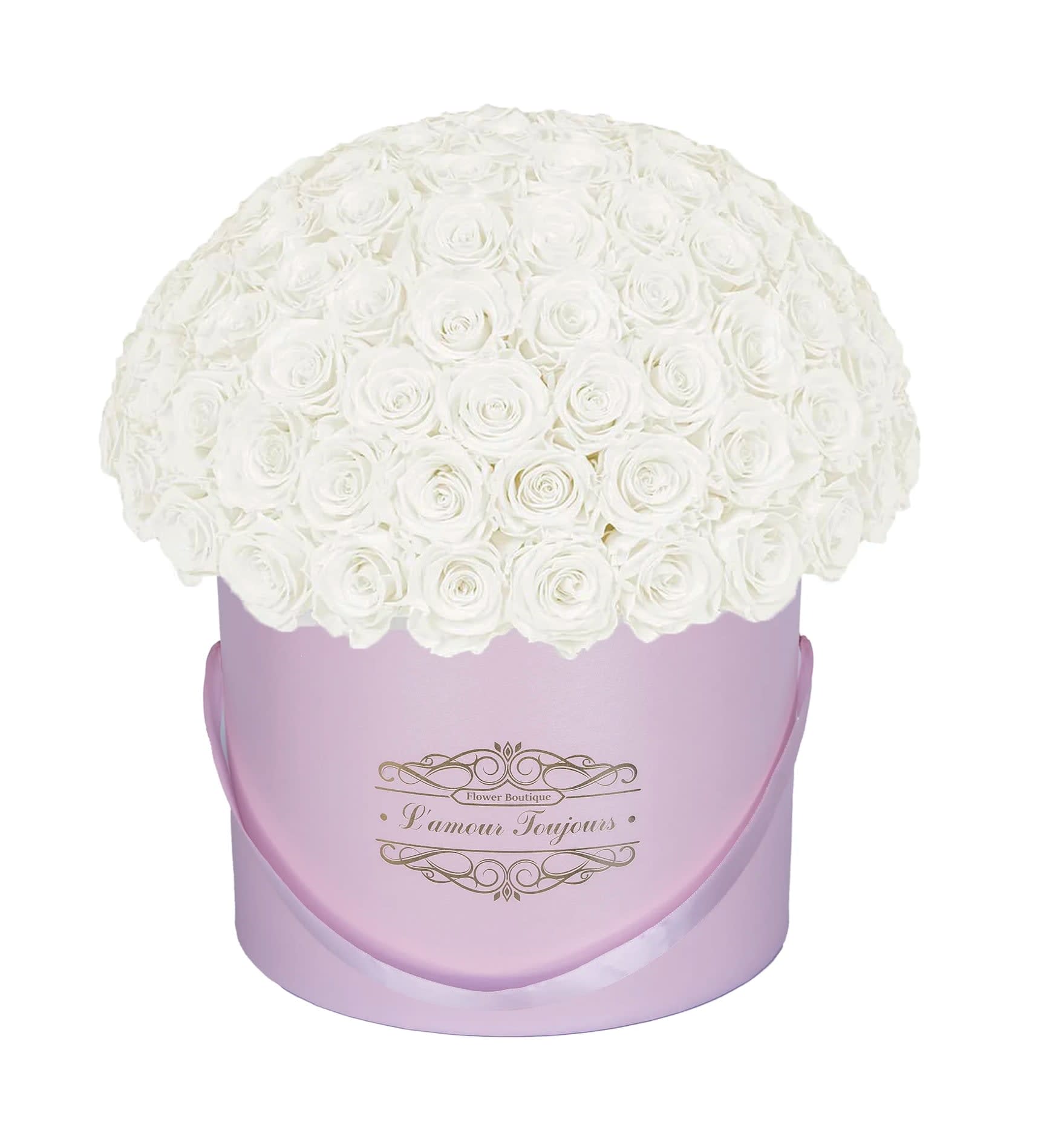 100 White Everlasting Roses - Pink Signature Box 100 White Everlasting Roses - Pink Signature Box - • Everlasting roses are preserved real roses that last up to 3 years! By treating fresh roses with a unique method these roses become long lasting and keep their natural beauty, structure and softness. • Make a statement with our exquisite Ecuadorian real roses that bring uniqueness and sophistication to life. • Send stunning roses to your loved ones, a wife, a husband, a parent or a friend to let them know you remembered their special day. • Zero maintenance required: Everlasting roses hold tenderness and a natural fresh look, with no maintenance required.