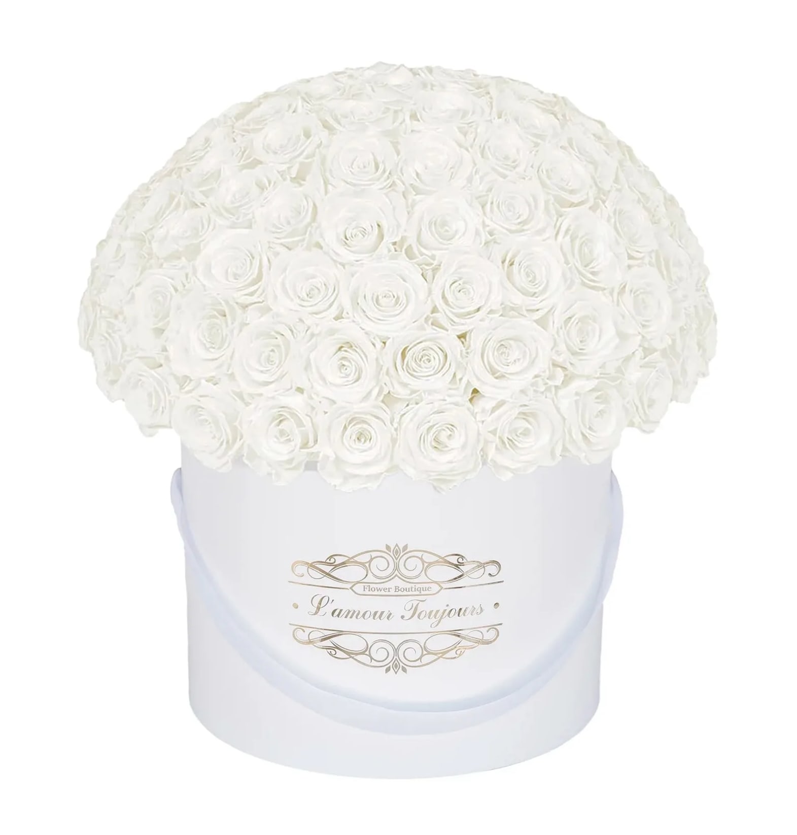 100 White Everlasting Roses - White Signature Box 100 White Everlasting Roses - White Signature Box - • Everlasting roses are preserved real roses that last up to 3 years! By treating fresh roses with a unique method these roses become long lasting and keep their natural beauty, structure and softness. • Make a statement with our exquisite Ecuadorian real roses that bring uniqueness and sophistication to life. • Send stunning roses to your loved ones, a wife, a husband, a parent or a friend to let them know you remembered their special day. • Zero maintenance required: Everlasting roses hold tenderness and a natural fresh look, with no maintenance required.