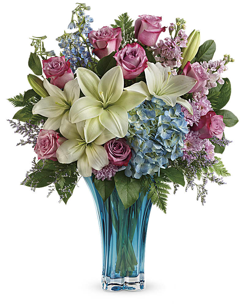 Luxurious heart pirouette bouquet - Hydrangea, Roses, lilies, delphiriums