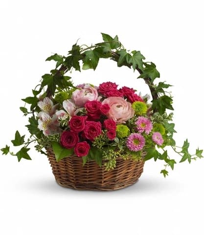 BASKET FAIREST OF ALL - You won't need a mirror on the wall to decide which bouquet is the fairest of all. No doubt this beauty will win that contest! A delicate and charming basket of flowers that everybody will love! Size: 18'' x 14H 