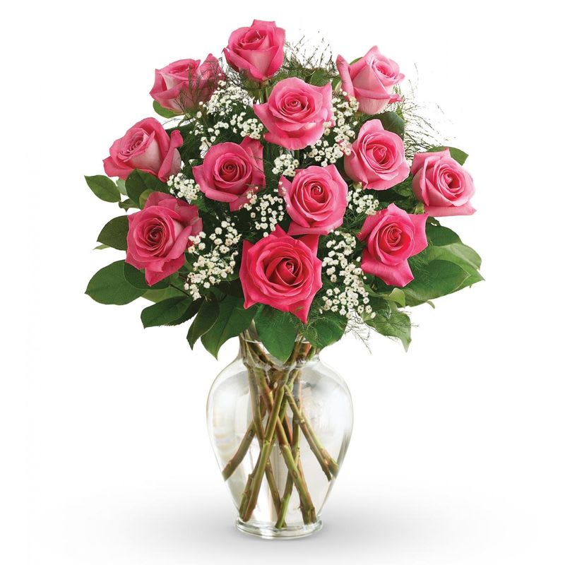 One dozen Pretty Pink Roses One dozen Pretty Pink Roses - One dozen of the finest Ecuadorian pink roses carefully hand selected and arranged naturally in a glass gathering vase. Greens and shade of pink may vary.