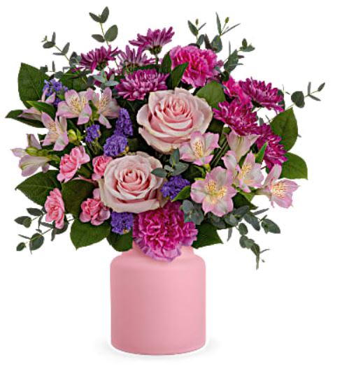 Sweet Savannah Sweet Savannah - Sweet as can be, this pastel rose bouquet--arranged in a delightful frosted glass jar--is the prettiest present around! This bouquet features pink roses, pink alstroemeria, hot pink carnations, minature pink carnations, purple cushion spray chrysanthemums, purple sinuata statice, parvifolia eucalyptus and lemon leaf. Delivered in Teleflora's Savannah Jar.