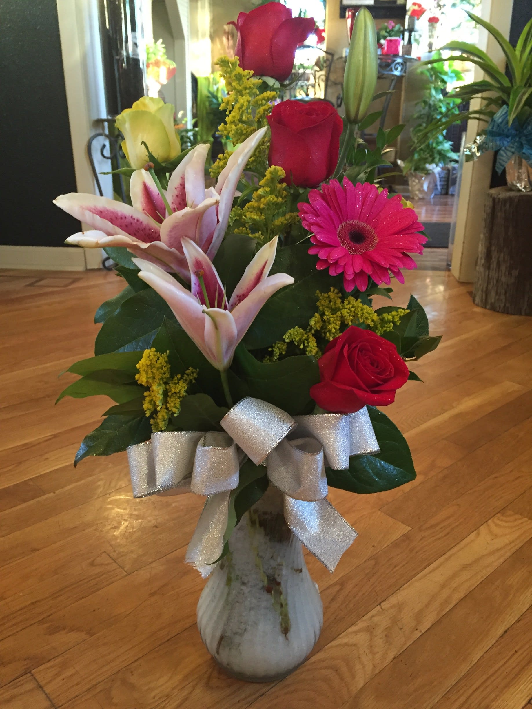 Everyday Bouquet in Vase Everyday Bouquet in Vase - Stargazer Lilies, Roses and Gerbera Daisies in an elegant vase.