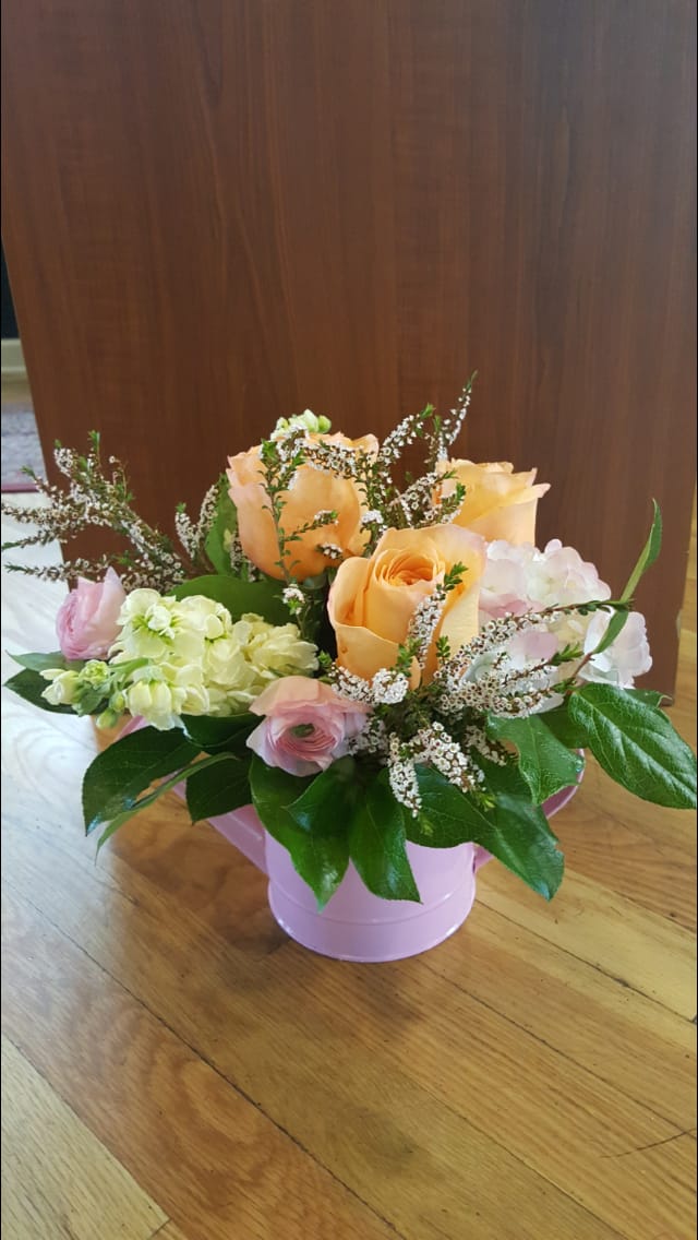 Pleasing Pastels Pleasing Pastels - Beautiful peach roses, pink hydrangeas, yellow stock, pink ranunculus