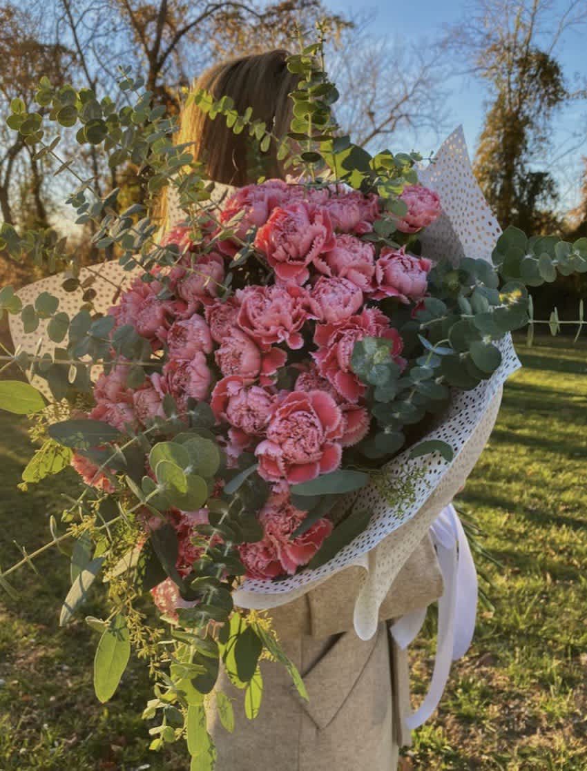 #28 Exotic Pink - pink carnation bouquet mixed with eucalyptus 