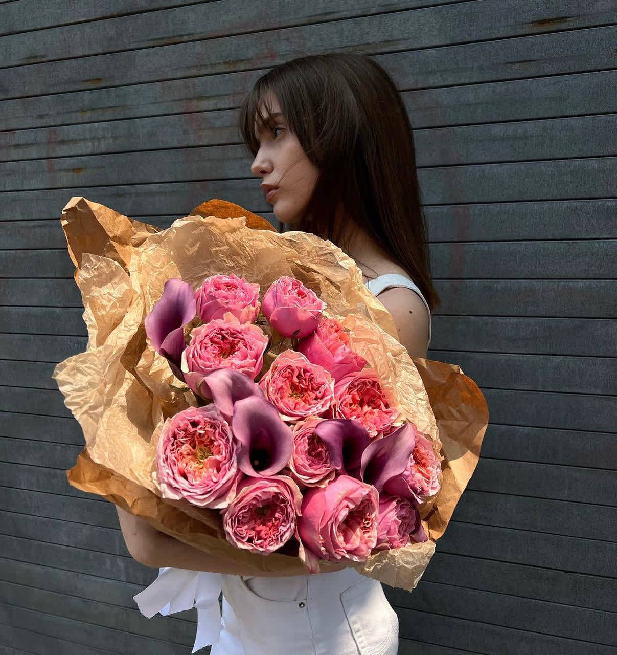 #87 Rosy Wine Symphony - Premium garden roses mixed with calla lilies 