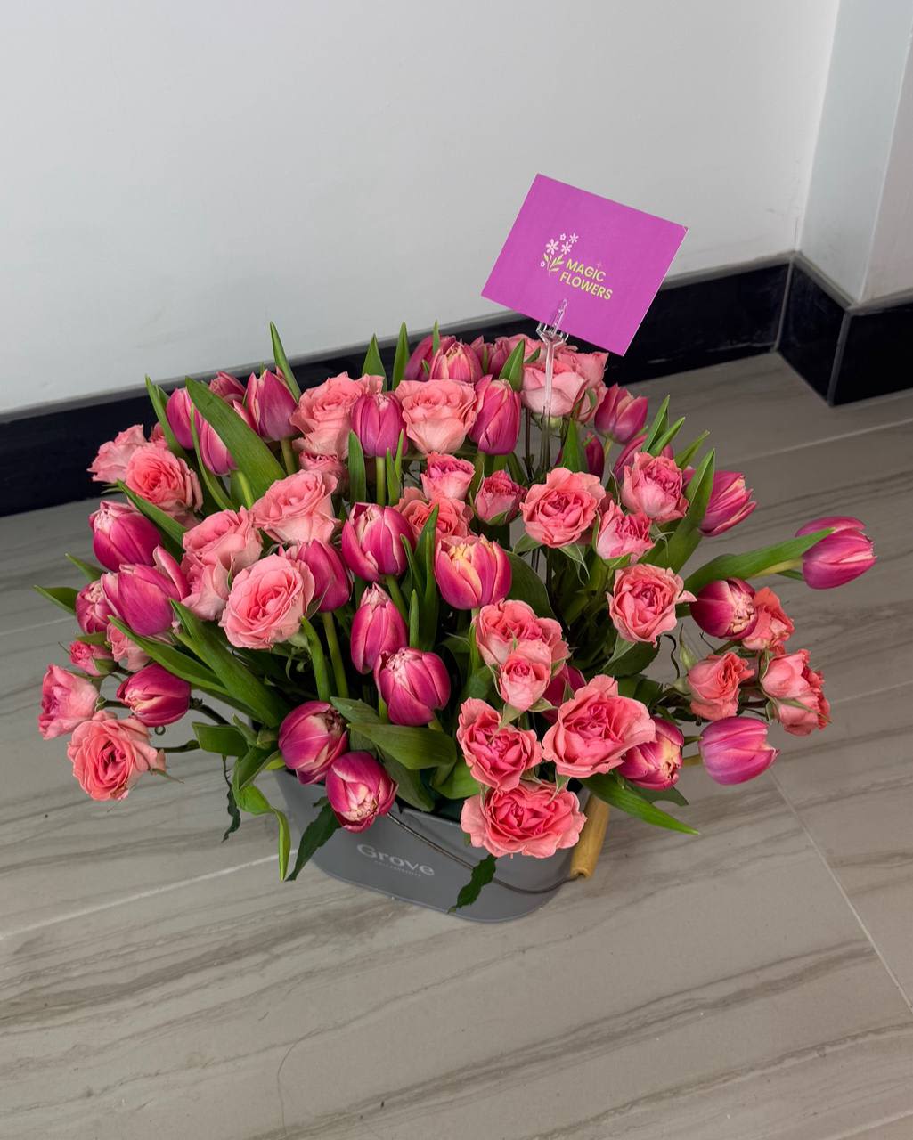 #48 Spring Pink Box - Tulips and spray roses 