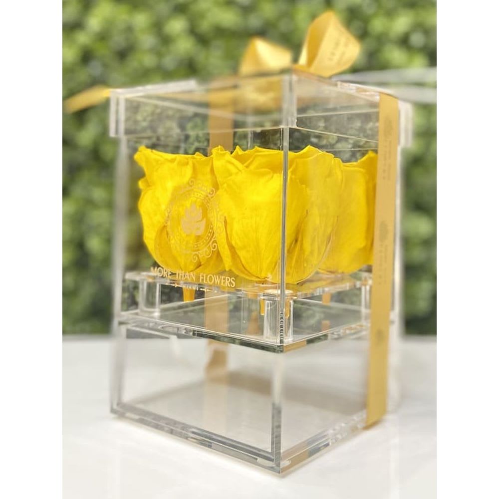 Eternal Roses Acrylic Box (4 Roses) - Yellow - Eternal Roses Acrylic Box (4 Roses): We stopped the clock for our preserved roses to experience our Eternal Deluxe Collection timelessly. 4 preserved roses decorated in our signature deluxe clear acrylic boxes and completed with a bow and a personalized card message, trendy and fancy. Roses that Last 3 years. *Avoid direct sunlight, dust, water or excessive heat. *Available for Nationwide Shipping (5-7 days shipping time)