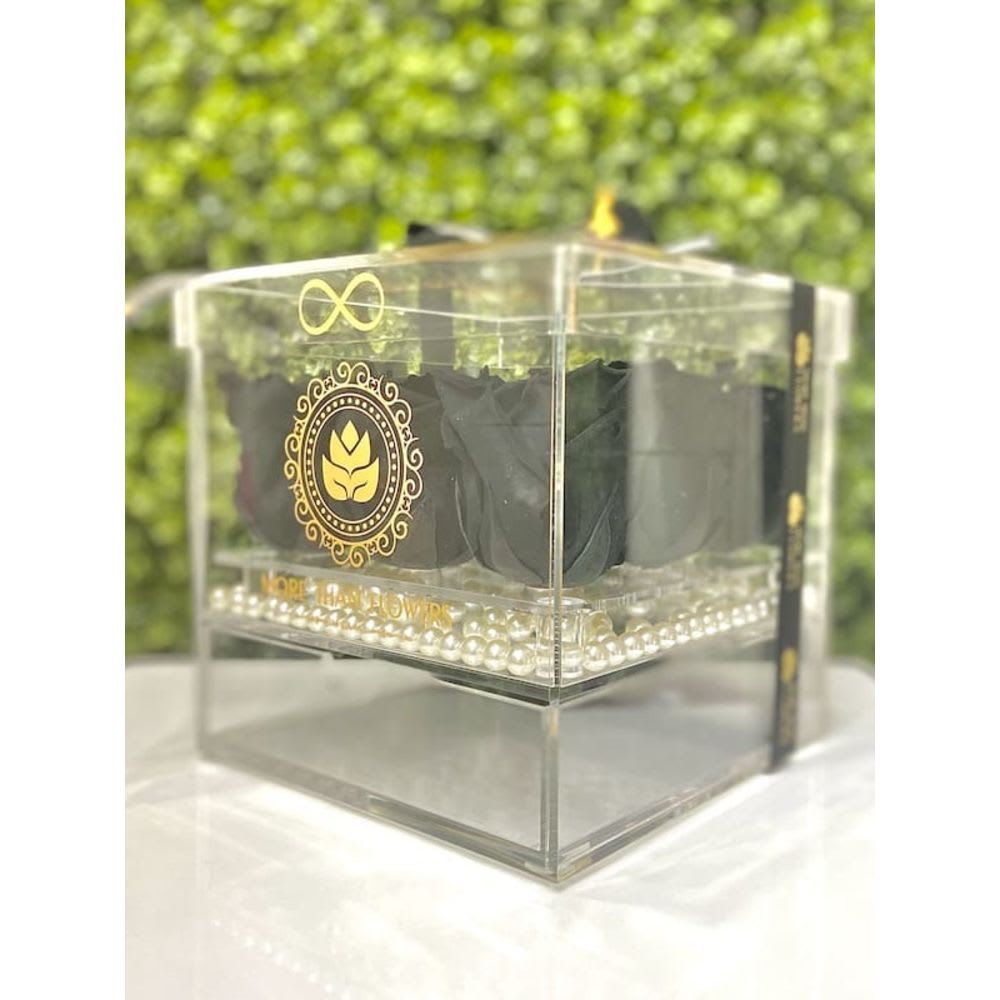 Eternal Roses Acrylic Box (9 Roses) - Black - Eternal Roses Acrylic Box (9 Roses): We stopped the clock for our preserved roses to experience our Eternal Deluxe Collection timelessly. 9 preserved roses decorated in our signature deluxe clear acrylic boxes and completed with a bow and a personalized card message, trendy and fancy. Roses that Last 3 years. *Avoid direct sunlight, dust, water or excessive heat. *Available for Nationwide Shipping (5-7 days shipping time)