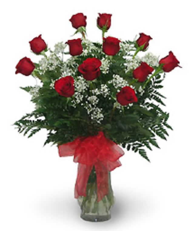 Roses with Baby’s Breath - choice of red, white, yellow,or pink. Please specify. Roses with Baby’s Breath - choice of red, white, yellow,or pink. Please specify. - 12 premium roses arranged in a glass vase with greens, filler, and a sheer ribbon bow.