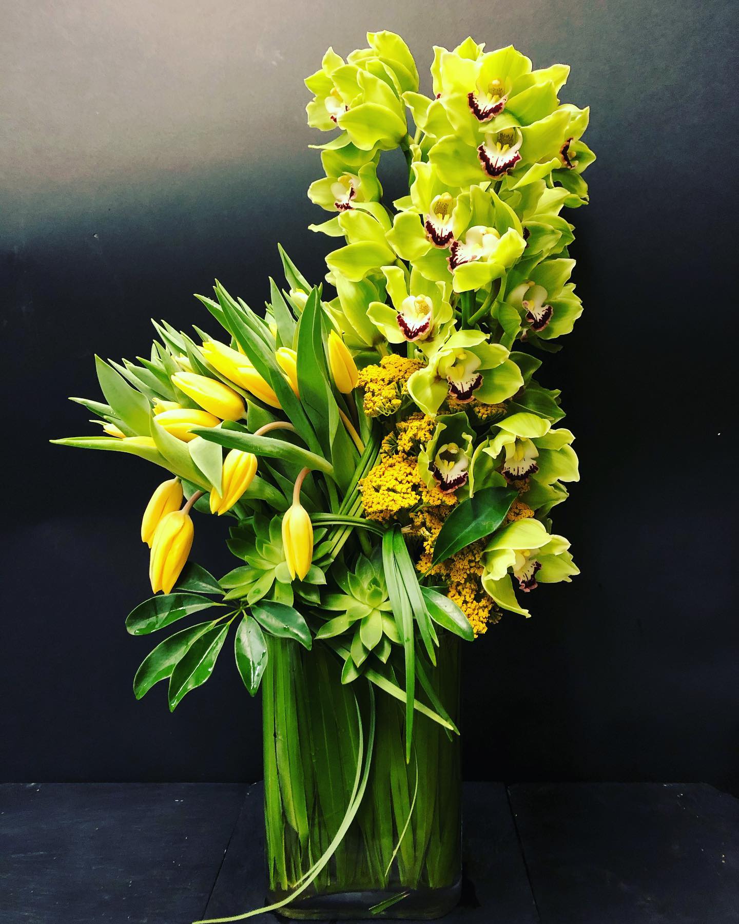 Gable Gable - Cymbidium orchids, tulips, succulents. Modern balance of strength and flow. ***We use seasonal fresh flowers, substitutions may be needed. Overall design will remain.