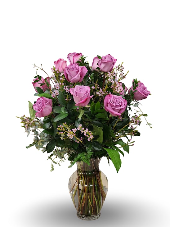 Long Stem Dozen Lavender Roses Long Stem Dozen Lavender Roses - Select this large vase with one dozen long-stemmed lavender roses with greenery and filler flower.