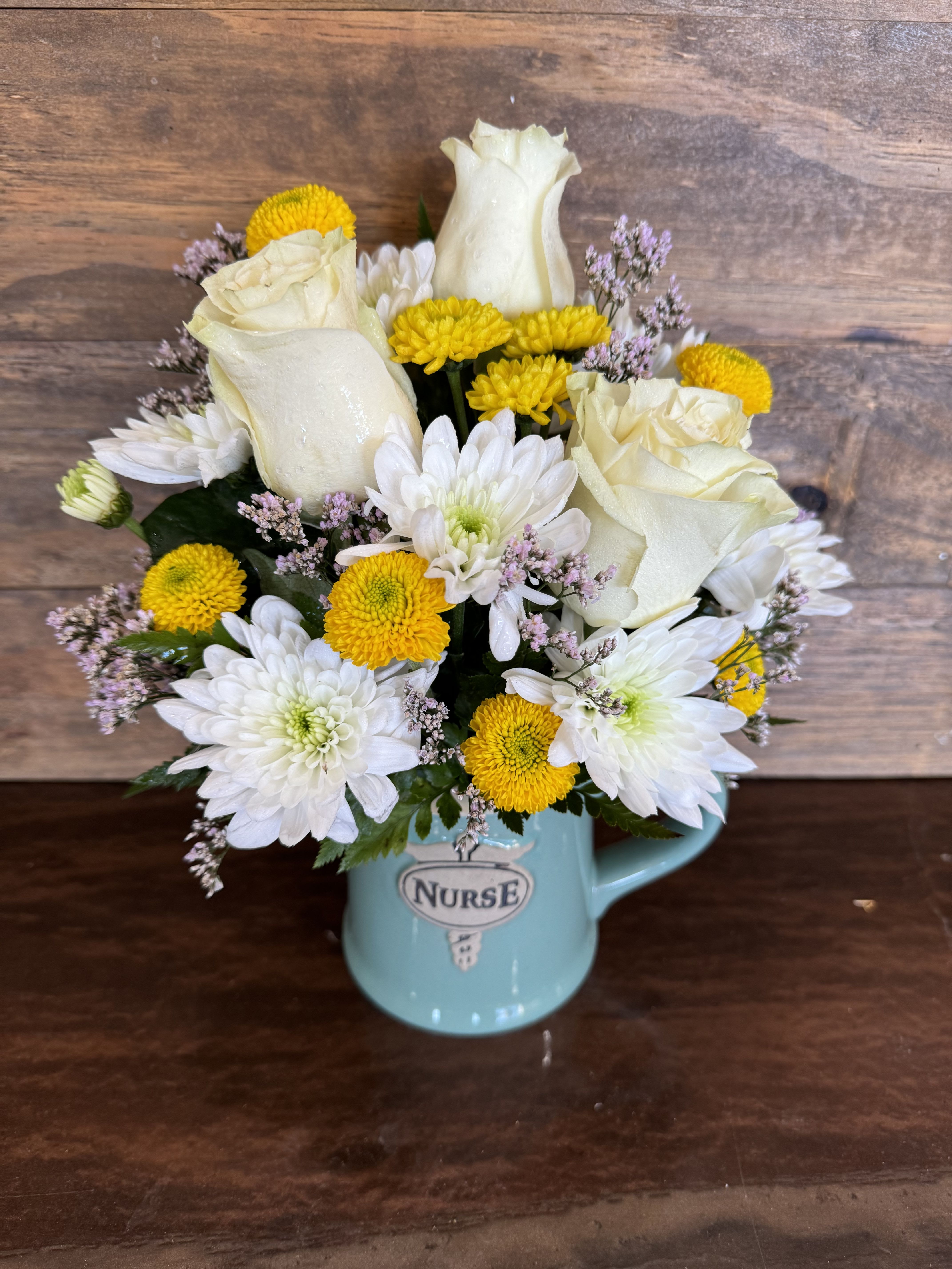 Thankful For Nurses - Beautiful mug filled with roses and chrysanthemums.