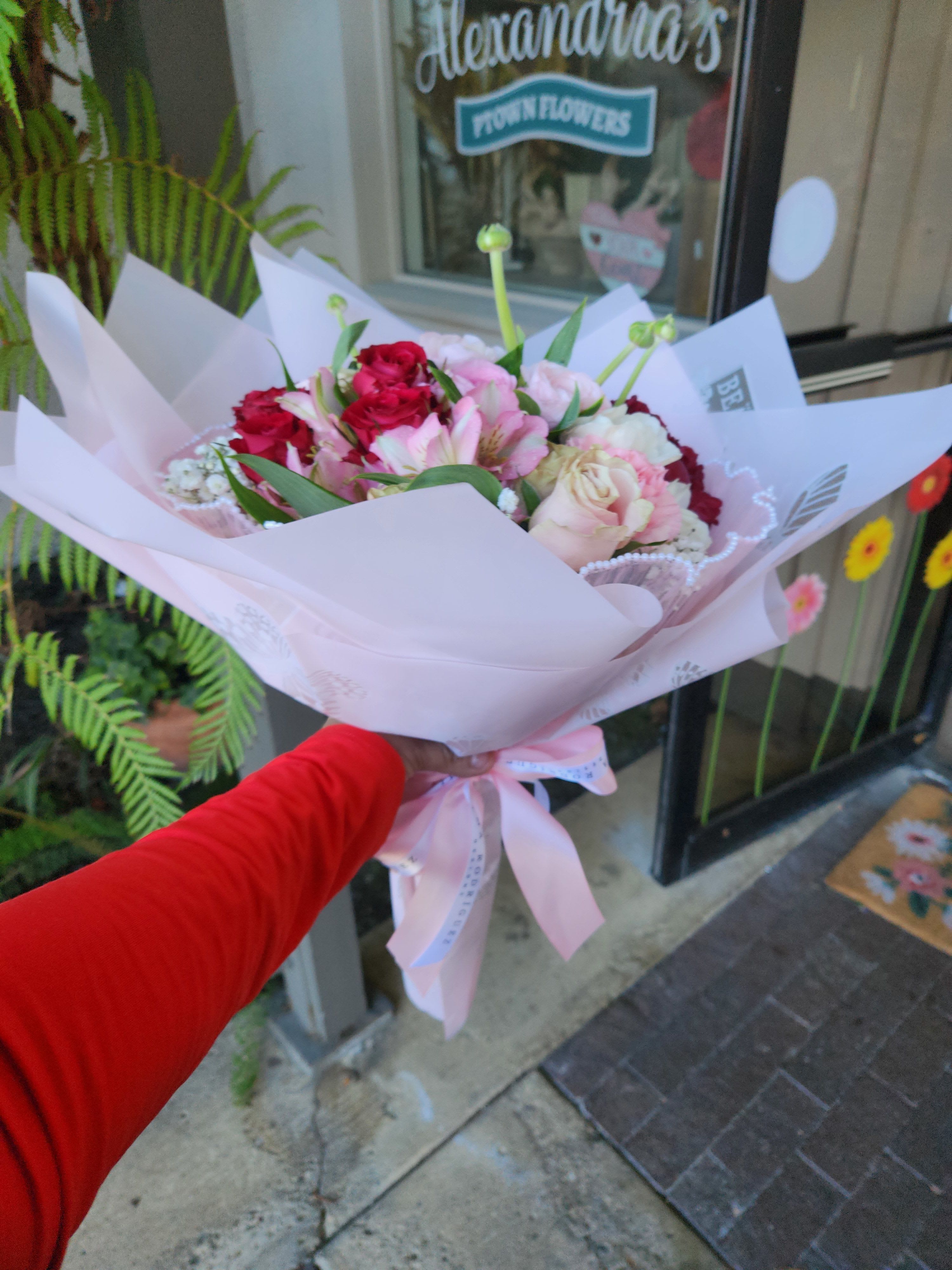  Mixed wrapped Bqt  -  Mixed wrapped Bqt - in season blooms pinks reds white lavenders  