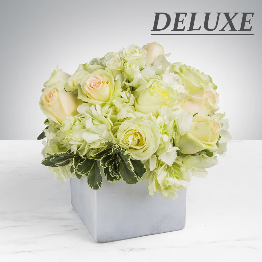 Simplicity - Simplicity by BloomNation™ is the perfect gift to wish a happy birthday, show gratitude, or wish a speedy recovery.  THE PHOTO SHOWN IS DELUXE!! Arrangement Details: Includes blush pink roses, white roses, blush spray roses, white hydrangea. APPROXIMATE DIMENSIONS: 10&quot; H X 11&quot; W X 11&quot;L