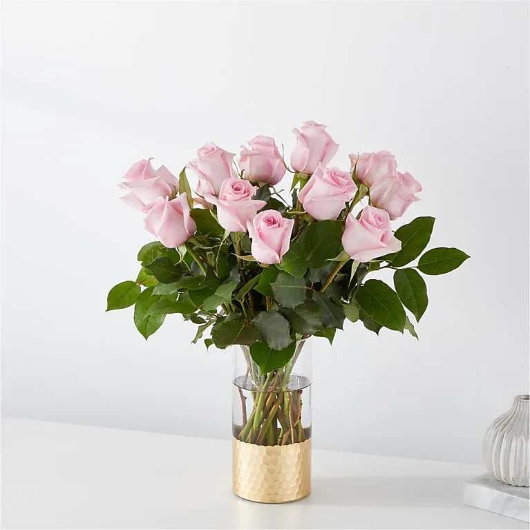 Pink Rose Bouquet in gold-dipped vase - The picture perfect petals of pink roses gracefully unfold, showcasing their timeless charm, elegance and beauty. Delight your senses and express your emotions with these classic stems.