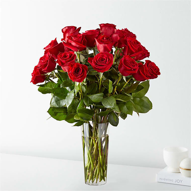 Classic 24 Long Stem Red Roses  - 24 Red Roses Deluxe All Occasion Clear Vase Place your Order Online Monday to Saturday before 1:00 p.m. (E.T.) for same-day delivery.  “Orders received after hours will be delivered the next business day”. Check our coverage area. Occasionally, substitutions of flowers and/or containers happen due to weather, seasonality, and market conditions which may affect availability. If this is the case with the gift you’ve selected, we will ensure that the style, theme, and color scheme of your arrangement are preserved and will only substitute items of equal value or higher value.  CARE INSTRUCTIONS	 Keep the flower arrangement hydrated with natural water and change the water every two days. Do not spray any cleaning product on the flower arrangement. Do not place heavy objects directly on the flower arrangement. Keep flower arrangements out of direct sunlight and extreme heat. 
