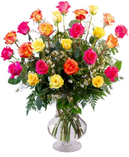 Two Dozen Mixed Colored Roses  - This vase is designed with greenery and filler and topped with two dozen long stem roses in a mix of colors. Colors may vary from picture. 