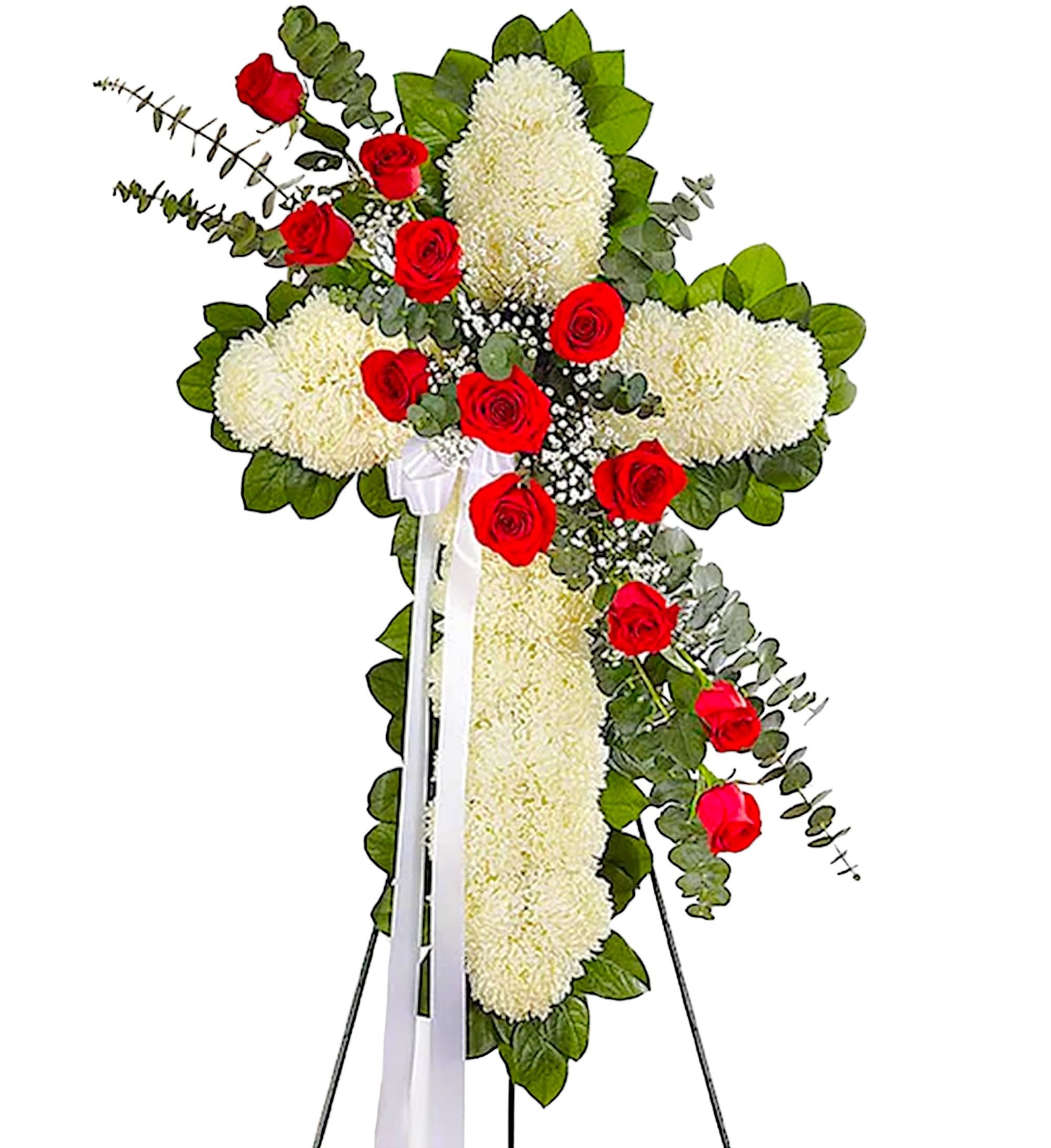 Peace and Prayers Standing Cross - Red and White  - If faith was an important part of their life, our standing cross arrangement is a special way to honor a loved one’s memory. We handcraft each of these impressive displays with a bed of white Chrysanthemums in the shape of a cross, and accent with a cascade of red Roses and Spiral Eucalyptus. This floral tribute is a beautiful way to offer peace and comfort during a difficult time. Appropriate for the funeral home, memorial service, or gravesite.  DETAILS White Chrysanthemums, red roses and lush greenery.   EASEL INCLUDED Orientation: One-Sided *If you would like to add a ribbon with a sentiment for an additional $10 each. Item #NF-1073  FLORIST-TO-DOOR Same day flower delivery on most orders placed online by 12 pm or 10 am on weekends PST.  BLOOM DETAILS Chrysanthemums Roses Greenery  The Standard Arrangement is approx. 38&quot;H x 25&quot;L without an easel.  The Deluxe Arrangement is approx. 40&quot;H x 27&quot;L without an easel.  The Premium Arrangement is approx. 42&quot;H x 29&quot;L without an easel.   INSTRUCTIONS: 1.) Please have the business name of the funeral home, address &amp; phone number. 2.) Please have the first name &amp; last name of the deceased. 3.) Please have the start time of the services. 4.) If you would like for us to write a brief message on a small business card-size note, please have your message ready.  NINFA'S FLOWERS 2405 WHITTIER BLVD. LOS ANGELES, CA. 90023