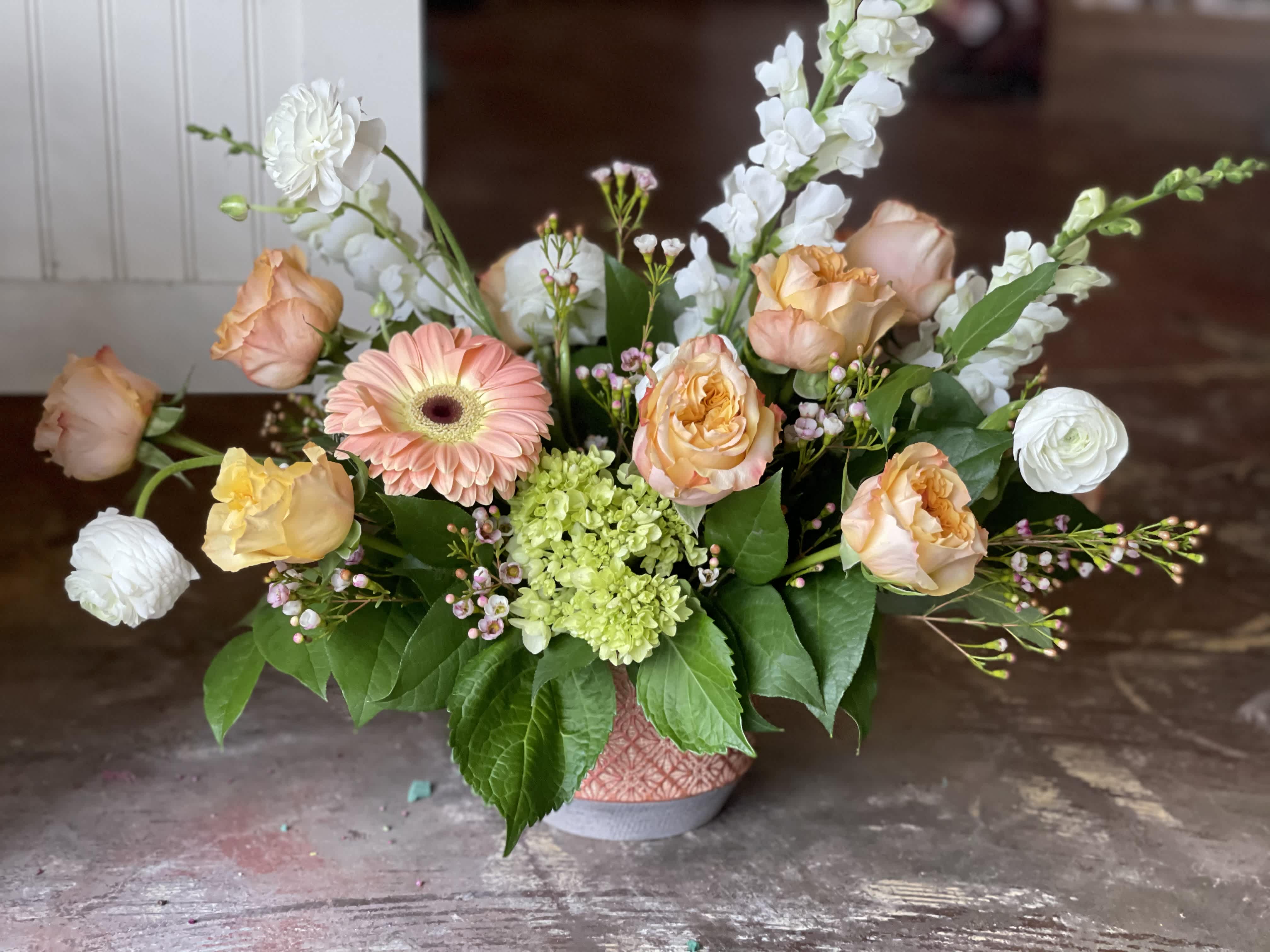 Sweet Peach - This arrangement is uniquely crafted with peaches in mind. Florals may vary depending on product availability.
