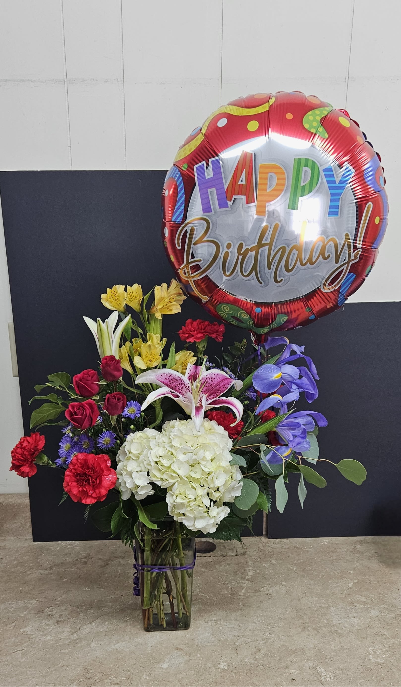 Birthday Bundle - Beautiful Big Colorful Arrangement with Happy Birthday Balloon