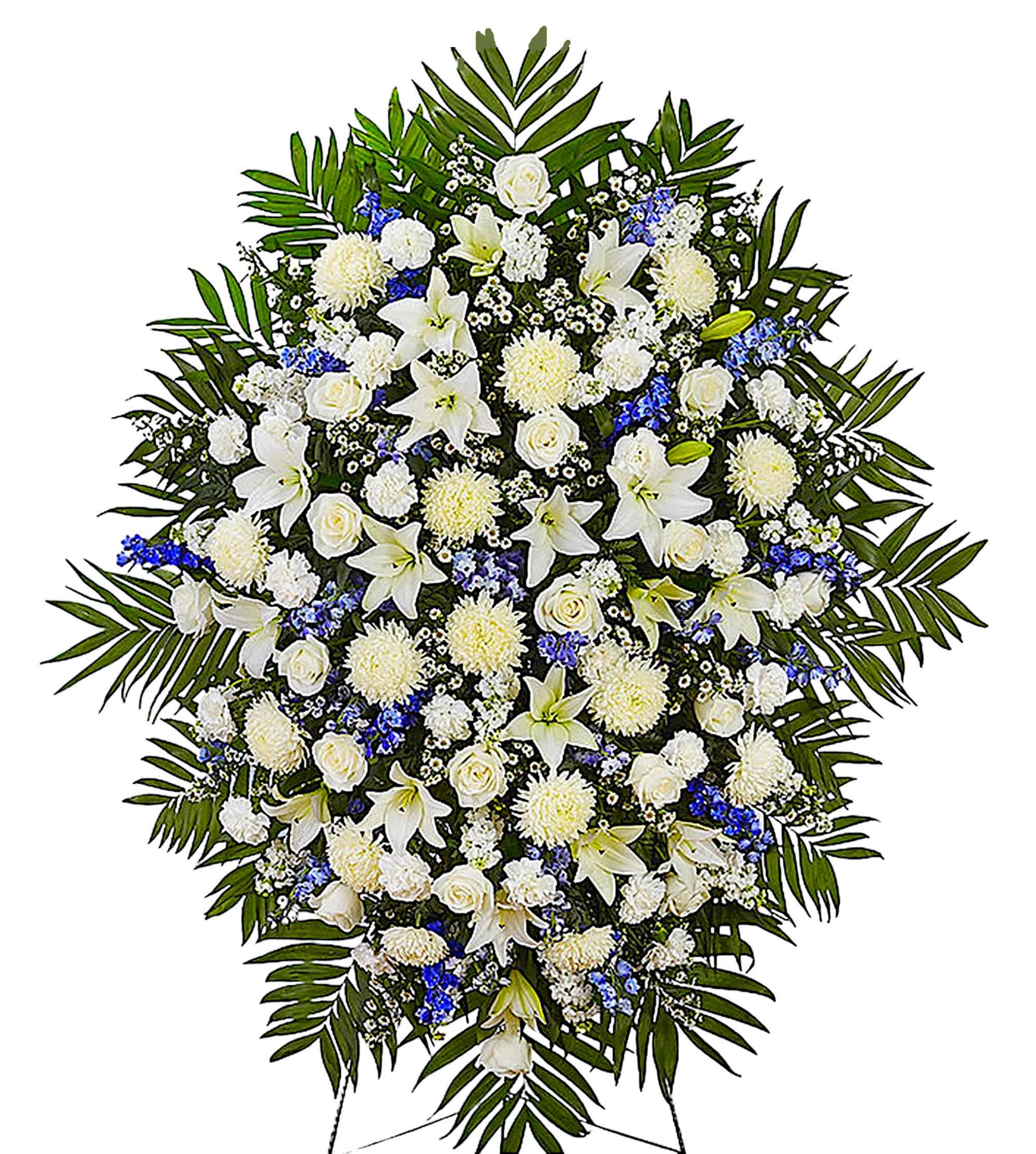Luxury Blue and White Funeral Standing Spray - When someone so dear passes, a standing tribute is a fitting way to pay respects. The impressive luxury standing spray arrangement, meticulously handcrafted with white and rich blue blooms, is a lush, full presentation that makes for a proud and respectful commemoration. Appropriate for the funeral home, memorial service, or gravesite.  DETAILS Standing spray arrangement with white roses, Asiatic lilies, football mums, carnations and monte casino; blue delphinium; accented with soft, lush greenery.  EASEL INCLUDED Orientation: One-Sided *If you would like to add a ribbon with a sentiment for an additional $10 each. Item #NF-1122  FLORIST-TO-DOOR Same day flower delivery on most orders placed online by 12 pm or 10 am on weekends PST.  BLOOM DETAILS Roses Football-Mums Carnations Stock Delphinium Asiatic Lilies Monte-Casino Filler Greenery  The Standard Arrangement is approx. 60&quot;H x 40&quot;W without stand The Deluxe Arrangement is approx. 64&quot;H x 42&quot;W without stand The Premium Arrangement is approx. 68&quot;H x 44&quot;W without stand  INSTRUCTIONS: 1.) Please have the business name of the funeral home, address &amp; phone number. 2.) Please have the first name &amp; last name of the deceased. 3.) Please have the start time of the services.  NINFA'S FLOWERS 2405 WHITTIER BLVD. LOS ANGELES, CA. 90023