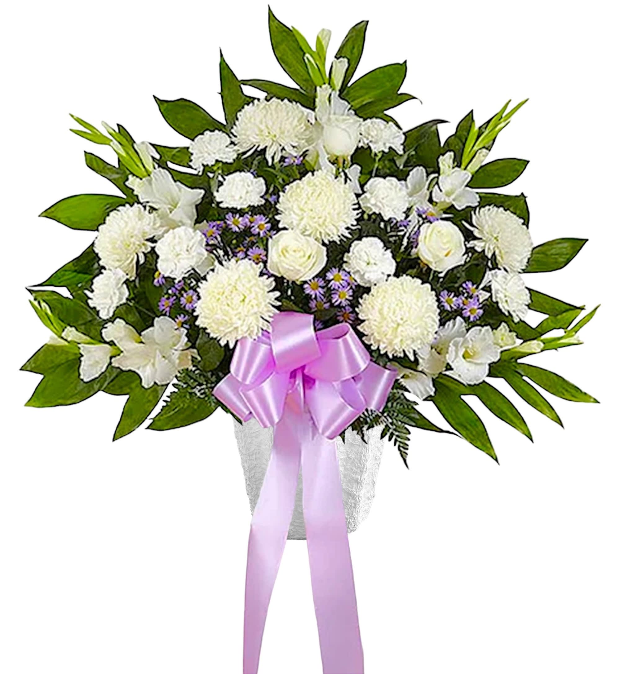 Heartfelt Sympathies - Lavender and White Standing Basket - One who has touched the lives of many deserves to be honored in a uniquely touching way. The majestic standing basket arrangement in lavender and white is an impressive tribute to their memory. Artistically designed with an abundance of soft, lavender-hued and white blooms, it is a heartfelt expression of your deepest sympathies. Appropriate for a final tribute for the funeral services, memorial service or graveside.  DETAILS Standing basket arrangement with white roses, football mums, gladiola and carnations; lavender monte casino; purple liatris; accented with soft, lush greenery and lavender bow.  BASKET CONTAINER INCLUDED Orientation: One-Sided Item #NF-1054  FLORIST-TO-DOOR Same day flower delivery on most orders placed online by 12 pm or 10 am on weekends PST.  BLOOM DETAILS Roses Football Chrysanthemums Liatris (Not Included in Standard Size) Gladiolas Carnations Montecasino Spray Greenery  The Standard Arrangement is approx. 32&quot;H x 32&quot;W. The Deluxe Arrangement is approx. 34&quot;H x 36&quot;W. The Premium Arrangement is approx. 36&quot;H x 40&quot;W.  How to place an order? 1. You can place an order directly on this secure website OR 2. You can call in your order by dialing: (323) 262 - 9238 OR 3. You can visit our store (appointment recommended 323.262.9238)  NINFA'S FLOWERS 2405 WHITTIER BLVD. LOS ANGELES, CA. 90023