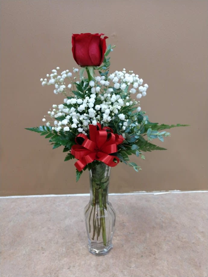 1-Rose Budvase - Clear Budvase With Rose, Greenery and Babies Breath or Filler
