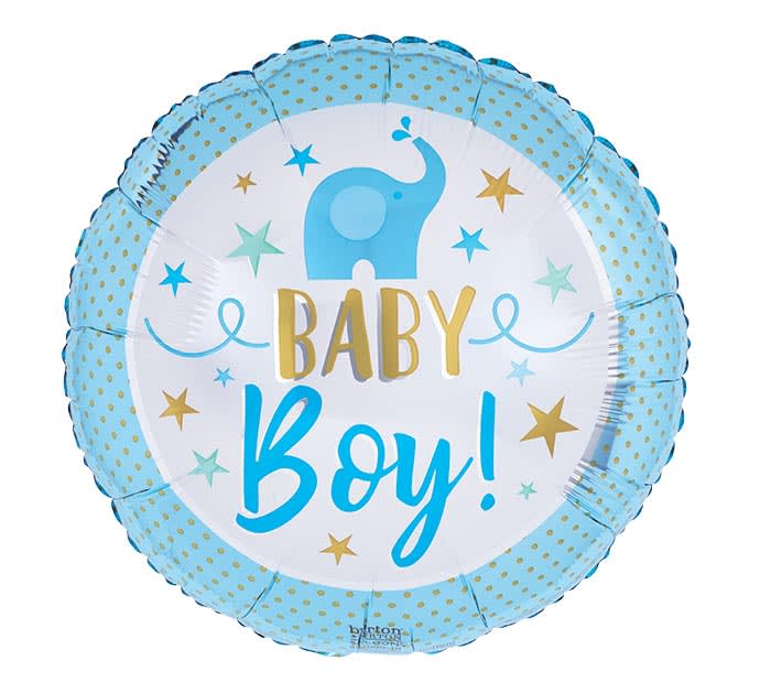 Baby Boy Blue Elephant Balloon - 17&quot; Mylar balloon filled with helium. Light blue and gold dots on the border. The center is white with a blue elephant and stars with the message &quot;Baby Boy&quot;