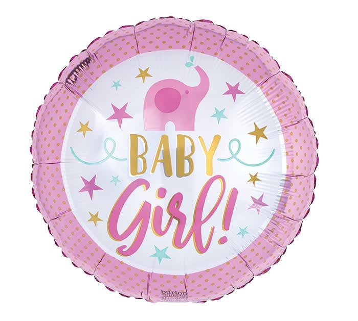 Pink Elephant Baby Girl Balloon Pink Elephant Baby Girl Balloon - 17" mylar balloon filled with Helium. Light pink and gold dots on the border. The center is white with a pink elephant and stars with the message "Baby Girl".