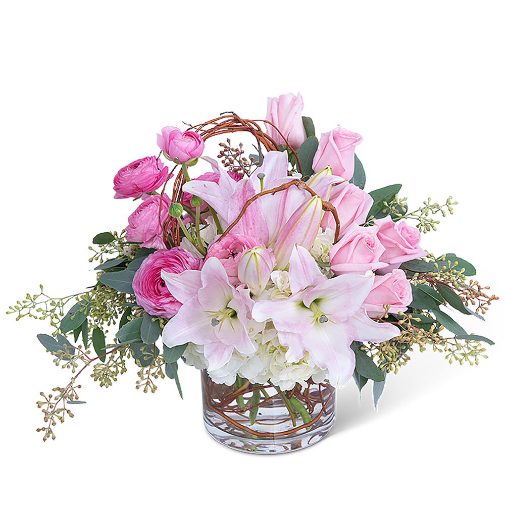 Blush and Willow Blush and Willow - Celebrate the one you love by sending this beautiful and cheerful design. Blush and Willow features delicate pink roses, lilies, hydrangea, and Ranunculus, with a whimsical curly willow accent. It's the perfect gift for any occasion and will make someone's week, as it will have long-lasting blooms, brightening their home or office space.