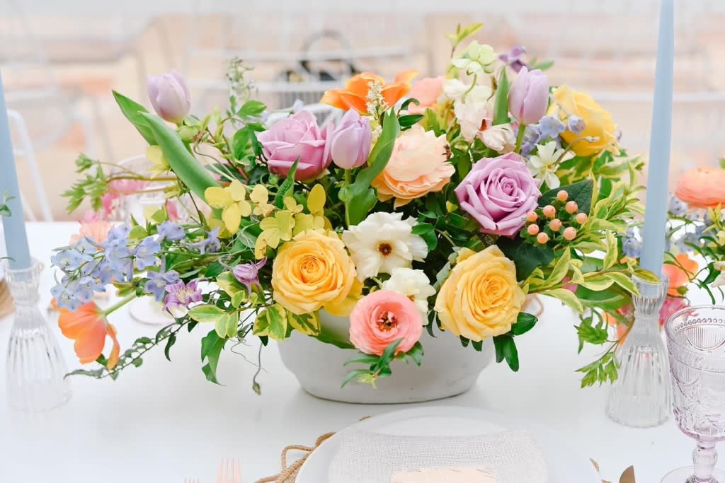 Lady Mary - A cheerful spring mix with the season’s most beautiful, colorful flowers is perfect as a table centerpiece, anniversary gift, or birthday surprise! Artfully designed in a high end vase, spring is brought to you!  Flowers and greenery may vary due to seasonal availability, but that’s part of the charm! Our creative designers will substitute with the freshest high end product available- some grown in our very own garden!- and create something beautiful.  *Have a special request?* Let us know in the special instructions section during checkout.