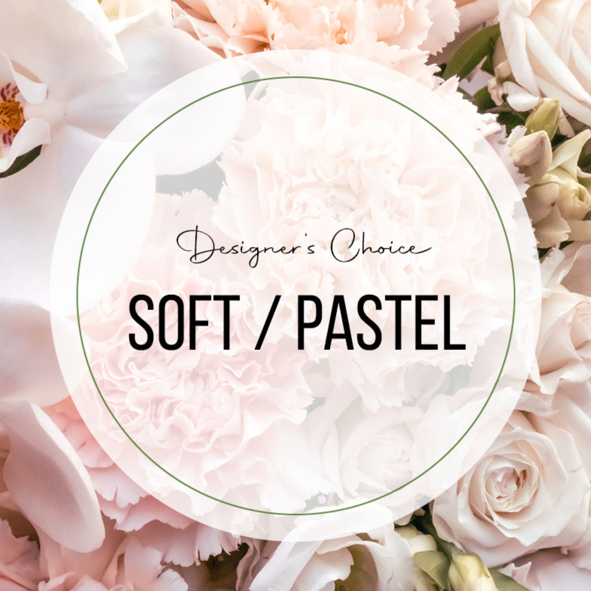 Soft/Pastel (Designer's Choice) - Our florists will create a beautiful arrangement with the most magnificent blooms but we cannot guarantee a specific flower type, we can promise that your arrangement will be gorgeous, fresh and one of a kind. Flowers and containers may not reflect exactly as pictured but will stay within the color palette you have requested· product photos represent an overall theme or look which in some instances, cannot be replicated exactly. Although the actual arrangement may not precisely match the photo, the overall design direction will always be preserved. Seasonality, market conditions, and availability may cause substitutions of flowers, greenery, and vases to occur. We will always ensure that the styling and color schematic match the imagery as close as we can and will only substitute items of equal or higher value.