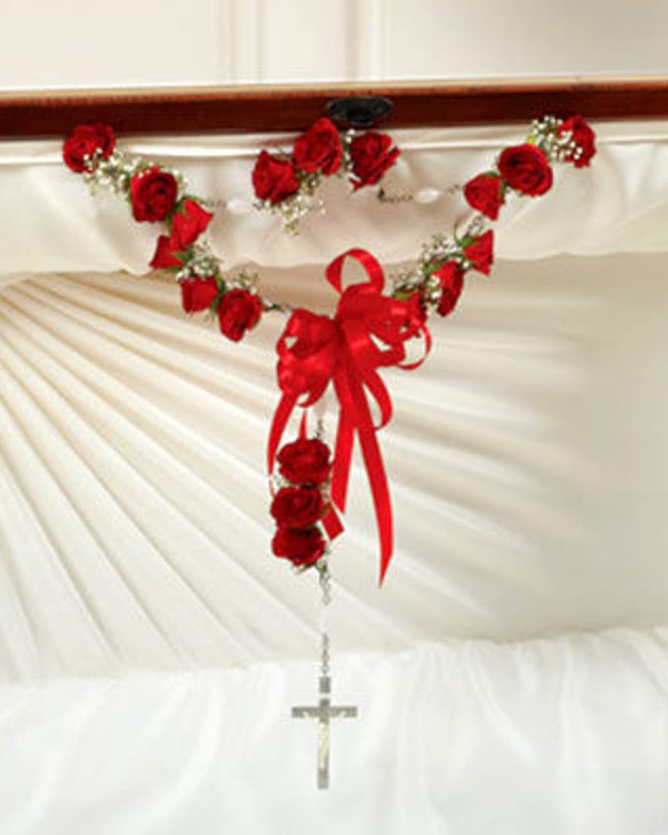 18-Bead Rosary - For the Catholic service, this exquisite 18-bead rosary graced with red roses placed on the casket lid is a beautifully spiritual tribute to a departed loved one.