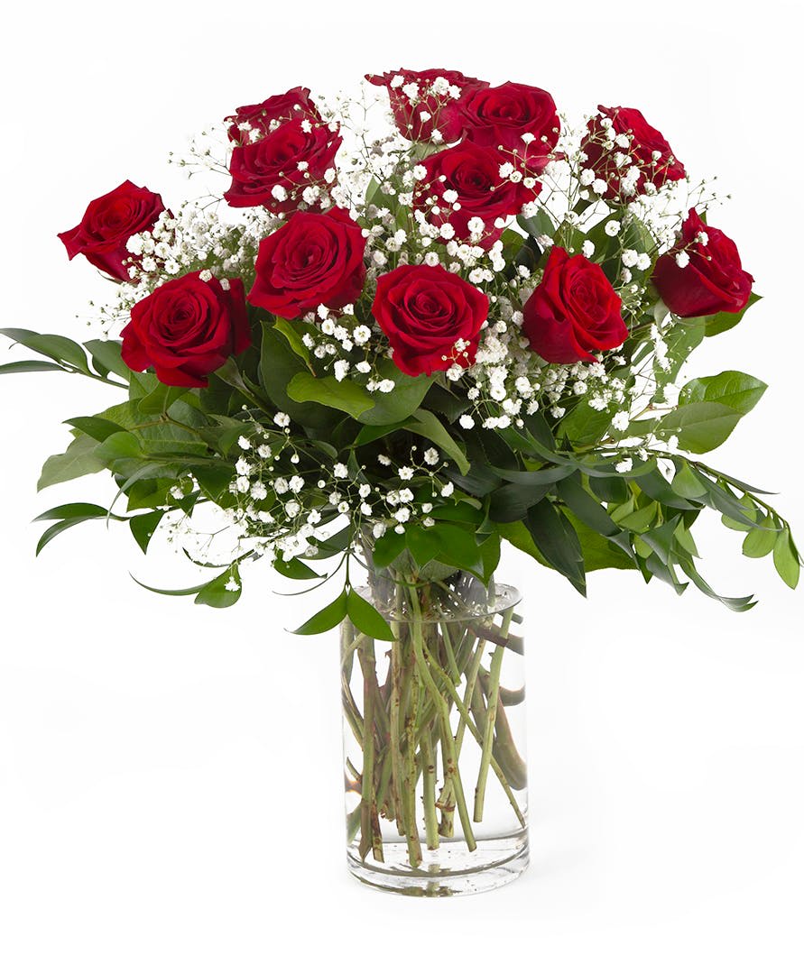 Classic Dozen  - For classic romance, a dozen roses are always the perfect choice. One dozen long-stemmed roses in an elegant glass container with premium foliage accents and babies breath. 