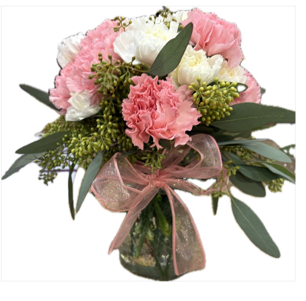 Pinky - white and pink carnations along with eucalyptus in a mason har